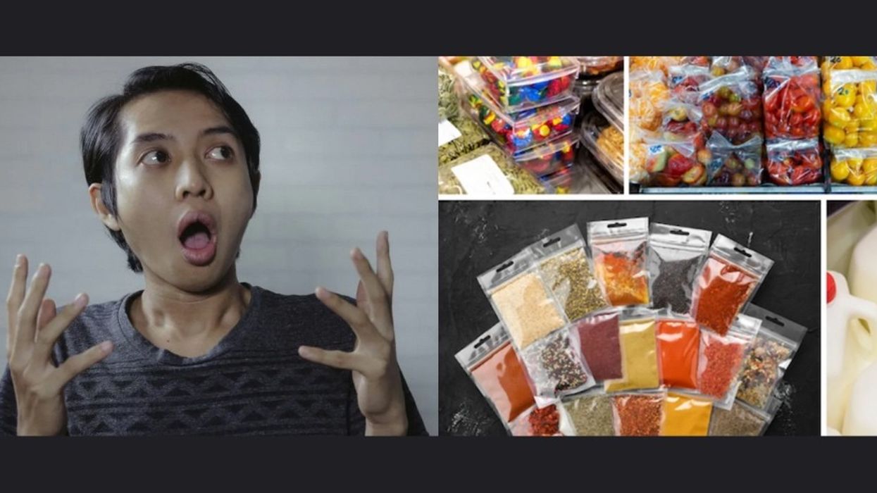 A frustrated woman looks at single use plastic items