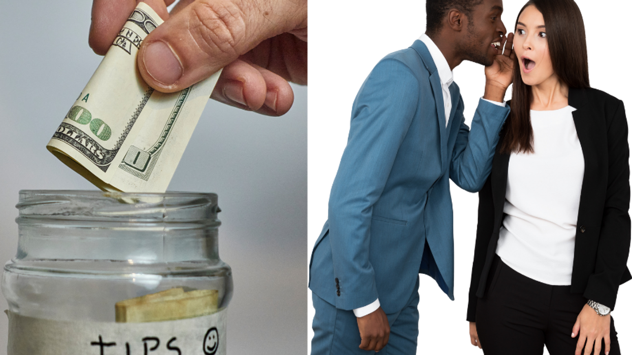 A hand putting money into a tip jar and two office workers sharing a secret