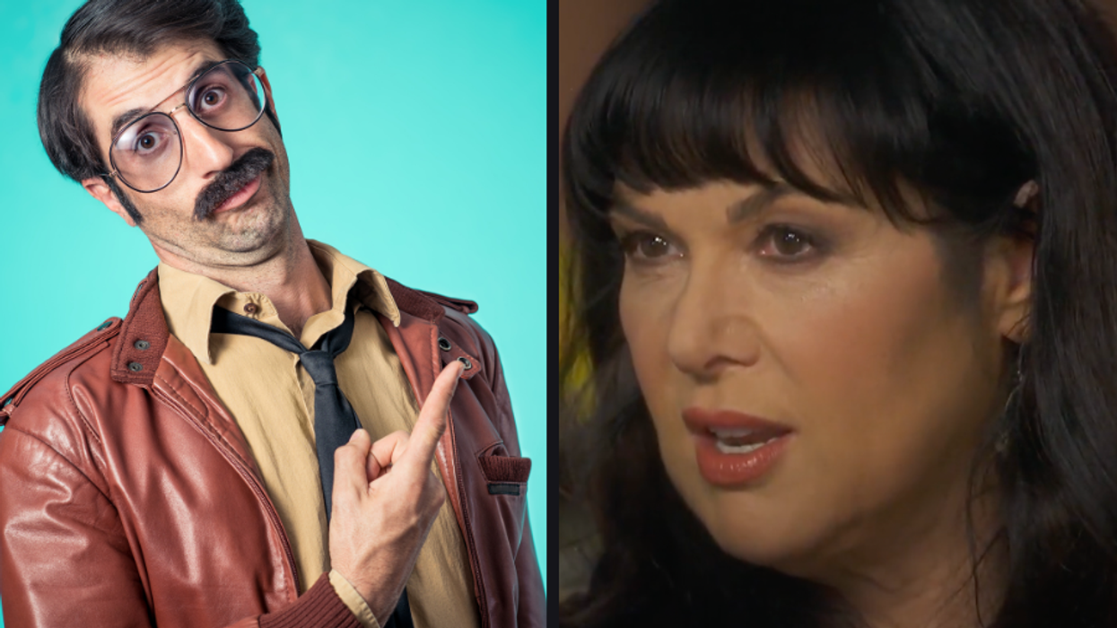 A man making a goofy face and Heart's Ann Wilson