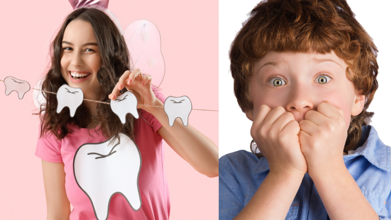A person in a Tooth Fairy costume and a frightened child