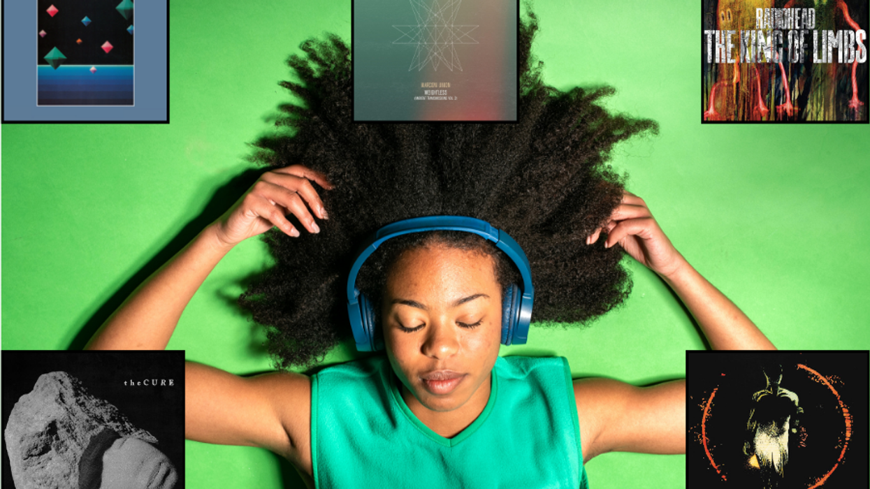A person listens to music on headphones with their eyes closed, with album covers superimposed on top