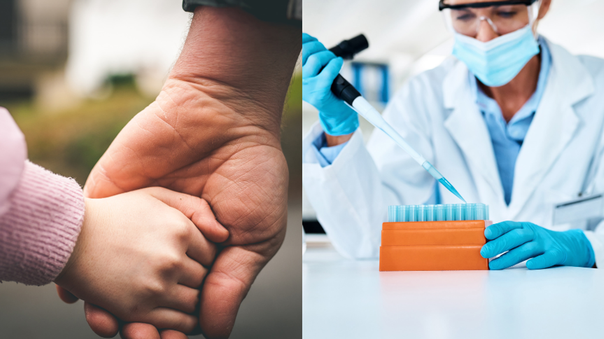 A photo of a parent's hand holding a child's hand, a photo of a scientist in a lab