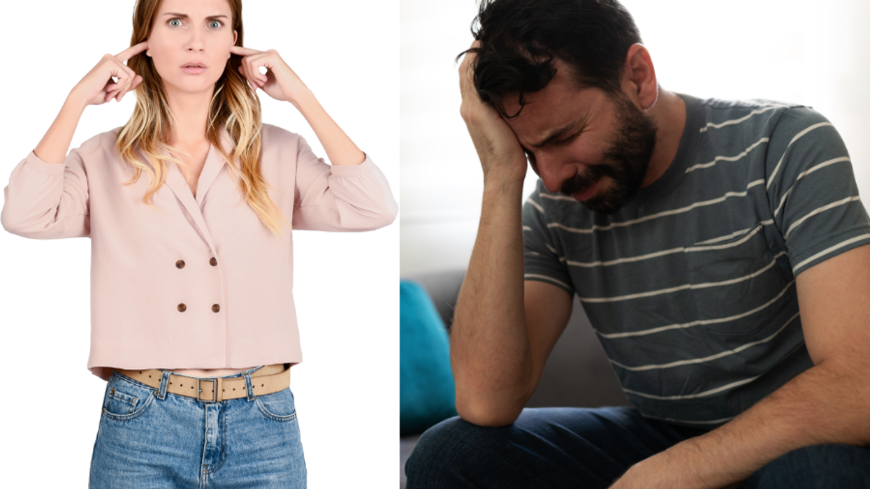 A photo of a woman with her fingers in her ears and a photo of a man crying