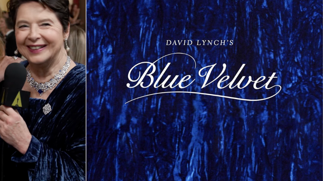 A split photo of Isabella Rossellini talking to a reporter on the Oscars red carpet and the cover of David Lynch's 'Blue Velvet'