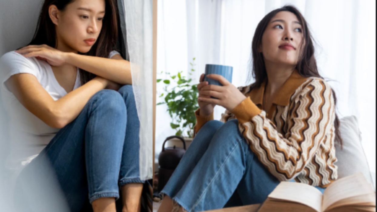 A woman depressed and alone, next to an image of a woman sipping coffee by herself