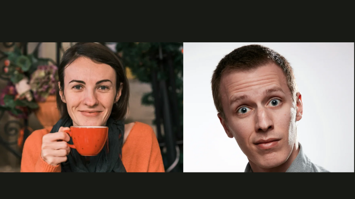 A woman drinks tea next to a surprised man