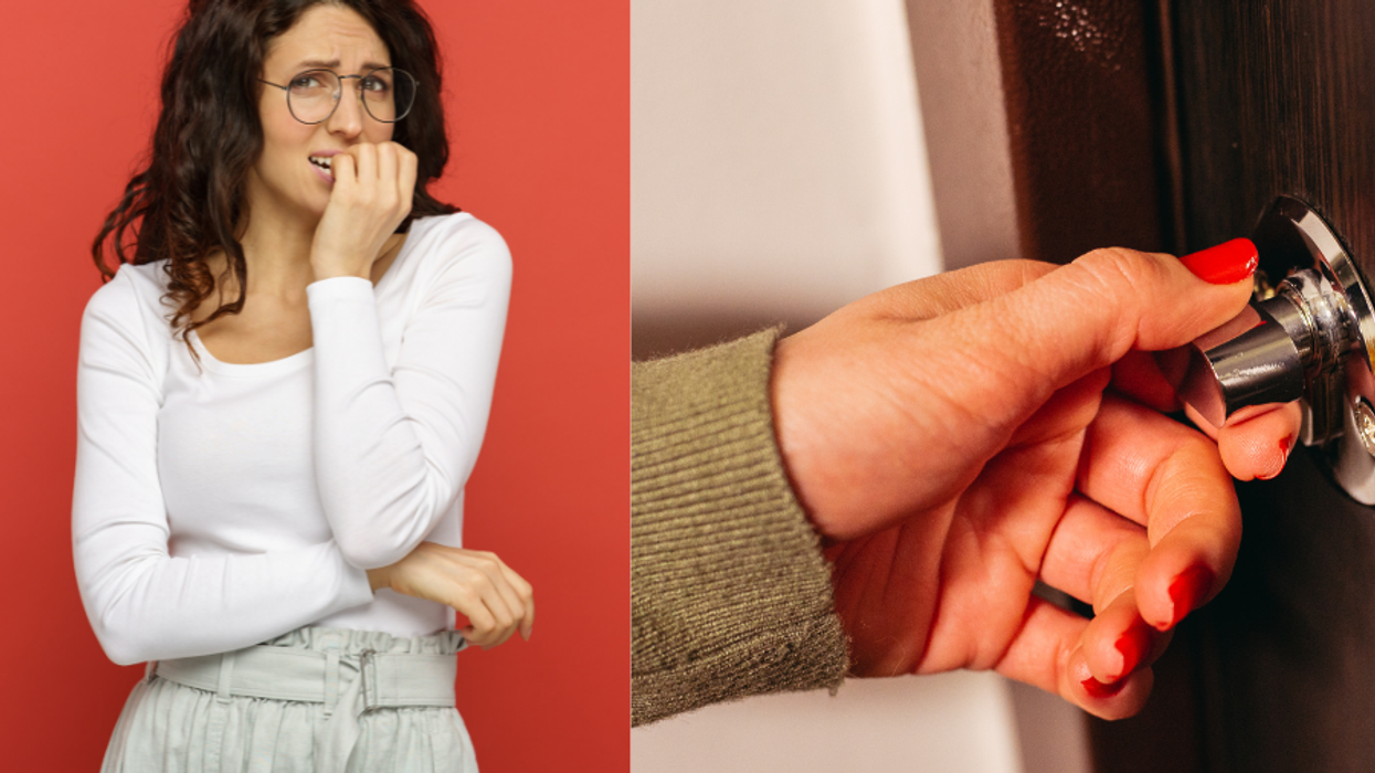 A worried person biting their nails and a hand locking a door