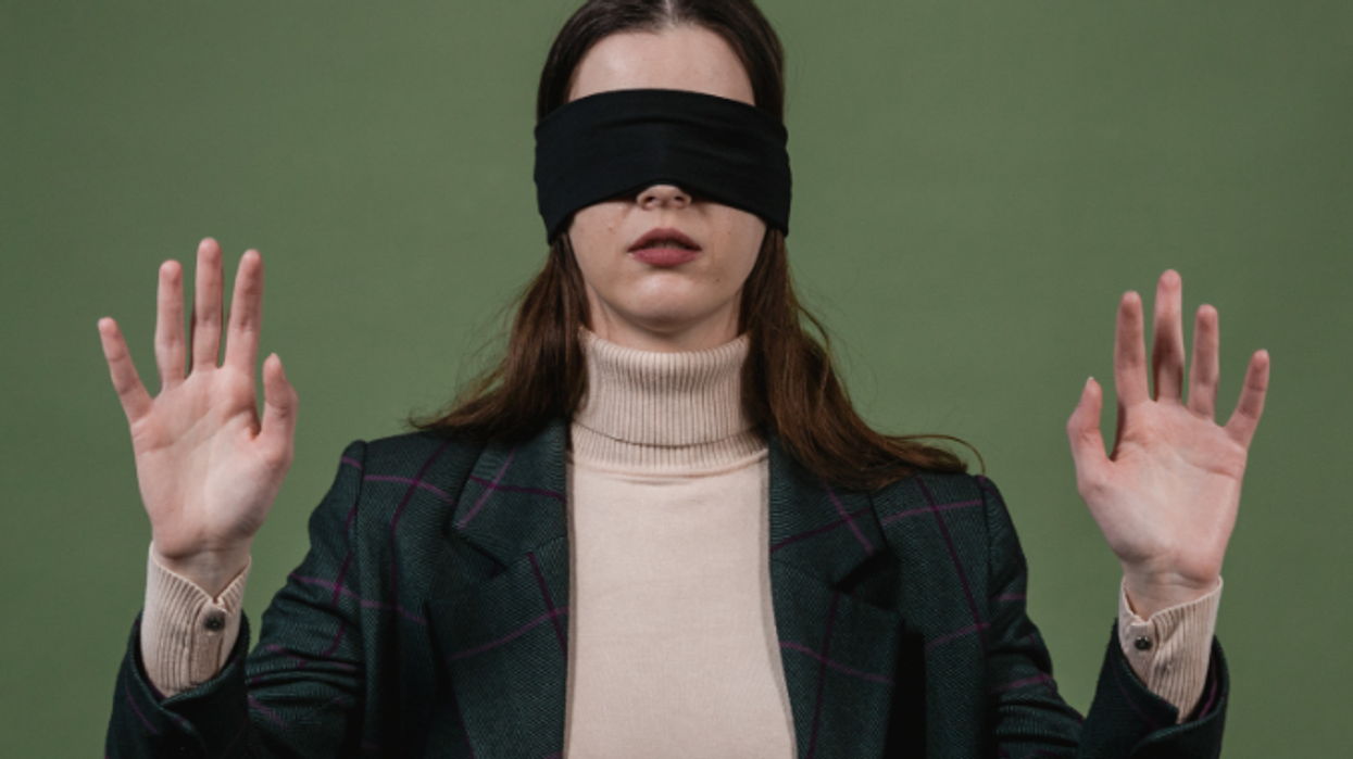 blindfold, woman, mom, hands up, blindfold, mother, blind mother, can't see