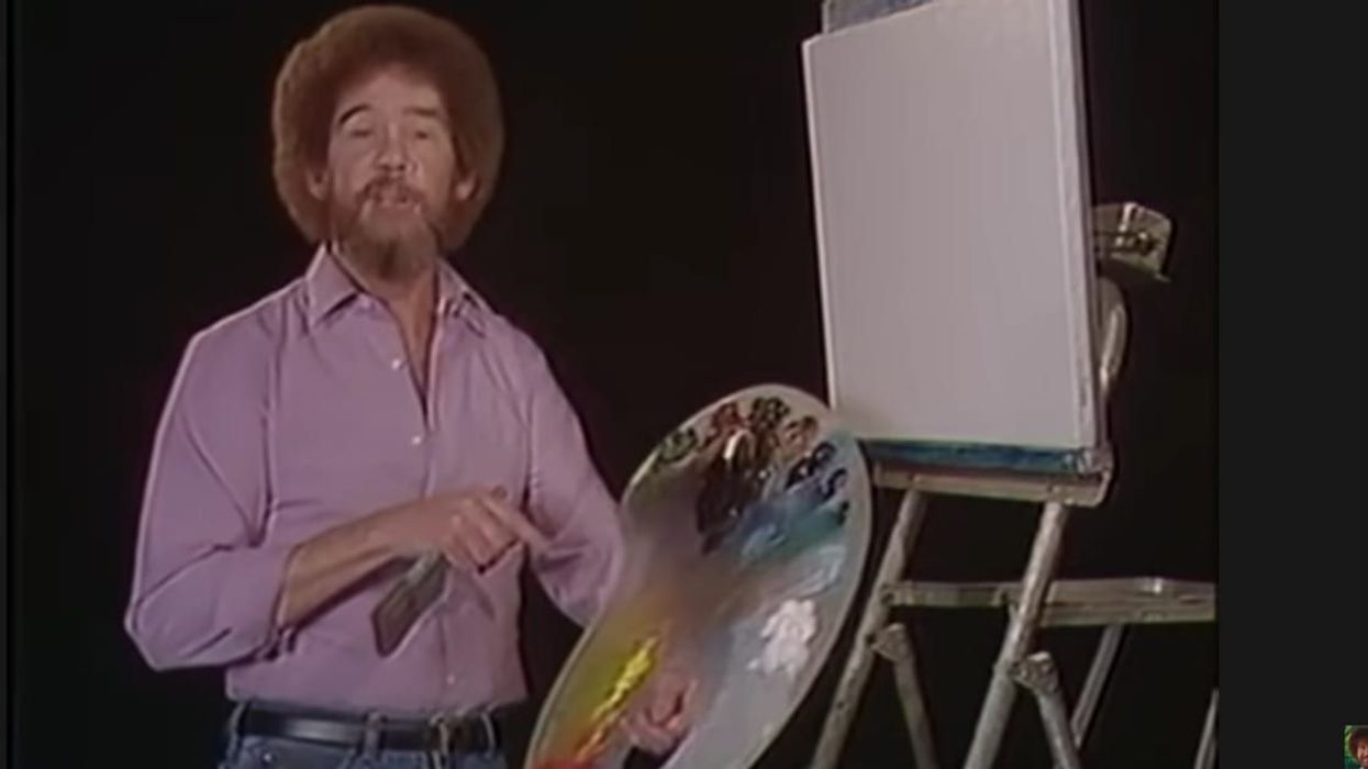 Bob Ross, The Joy of Painting, colorblind art, grey painting, painting tips, art inspiration, landscape painting, oil painting, art without color, painting techniques, artistic motivation, colorblind artist, famous painters, TV art show, art legacy, inspirational art, viral video, painting tutorial, creative process, mountains painting