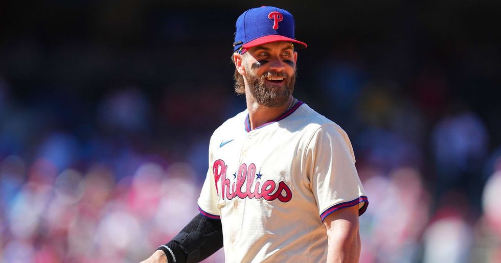 Bryce Harper #3 of the Philadelphia Phillies looks on against the Pittsburgh Pirates at Citizens Bank Park on April 14, 2024 in Philadelphia, Pennsylvania. The Pirates defeated the Phillies 9-2. (Photo by Mitchell Leff/Getty Images)