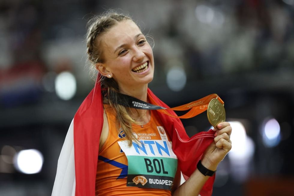 BUDAPEST, HUNGARY - AUGUST 24: Femke Bol of Team Netherlands celebrates winning the Women's 400m Hurdles Final during day six of the World Athletics Championships Budapest 2023 at National Athletics Centre on August 24, 2023 in Budapest, Hungary. (Photo by Patrick Smith/Getty Images)