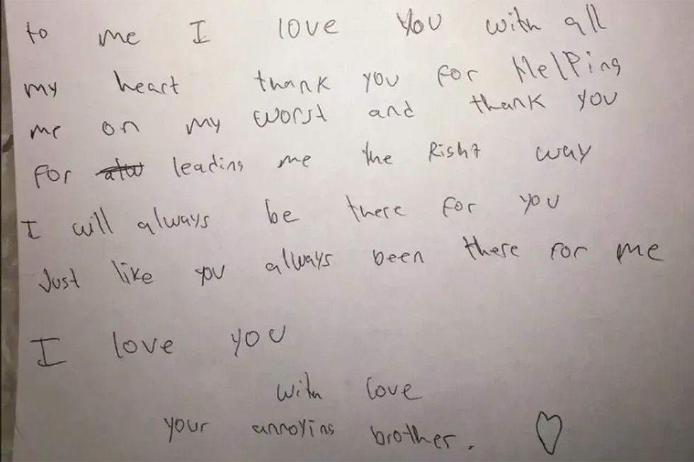 child\u2019s note, loving sibling, snack peace offering, step sibling love, viral siblings