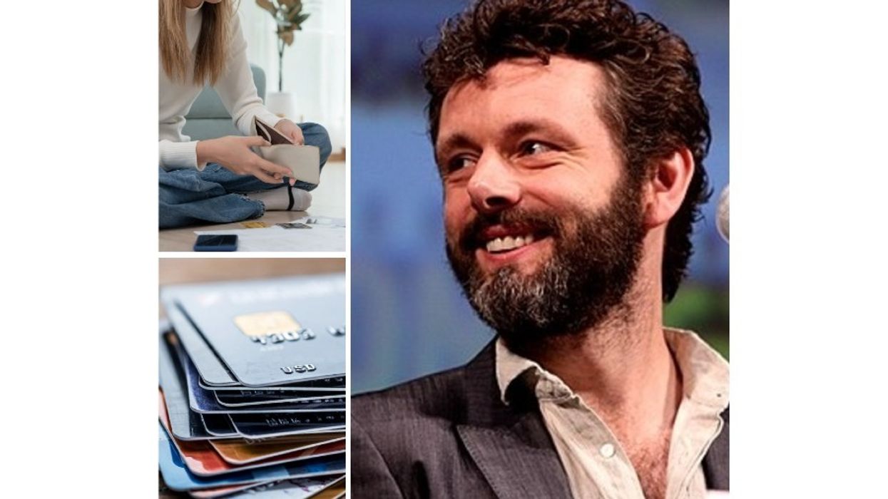 Collage of Michael Sheen, credit cards, and woman in debt
