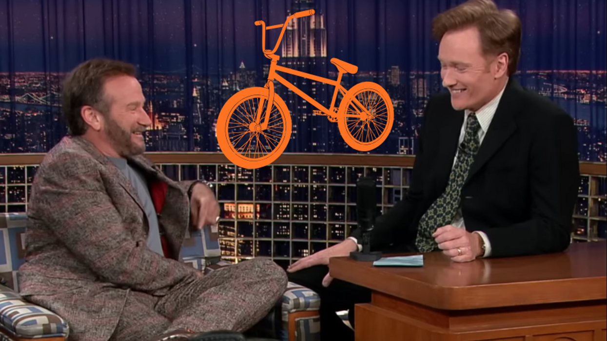 conan o'brien, robin williams, bicycle, comedy, late-night
