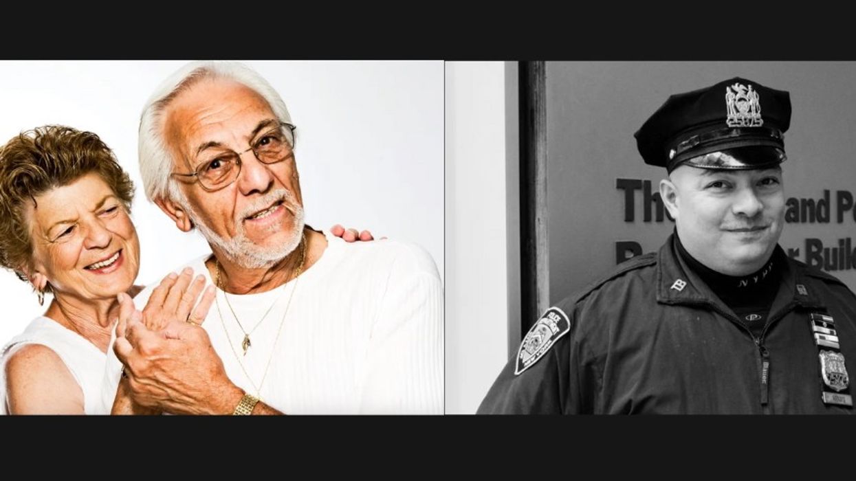 Elderly couple and a police officer in uniform