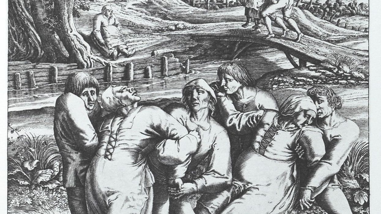 Engraving by Hendrik Hondius portraying three people affected by the plague. Work based on original drawing by Pieter Brueghel.