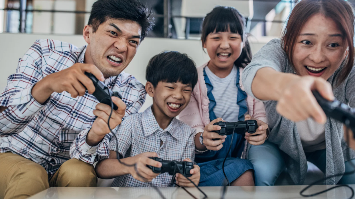 family playing video games