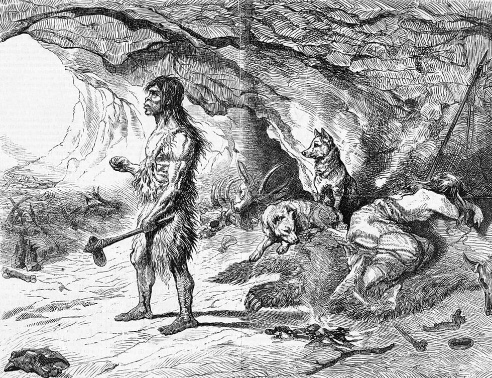 Illustration of Cave Dwellers Outside Their Cave with Dogs | Getty Images