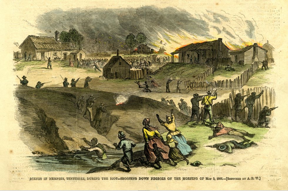illustration of racists attacking Black Memphians in the 1860s