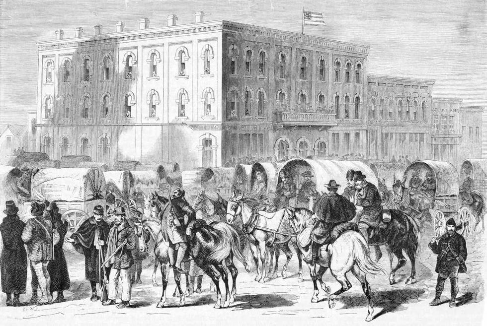 Image Source: ) 1876-Dakota: Departure of 200 gold diggers for the Black Hills. Illustration.