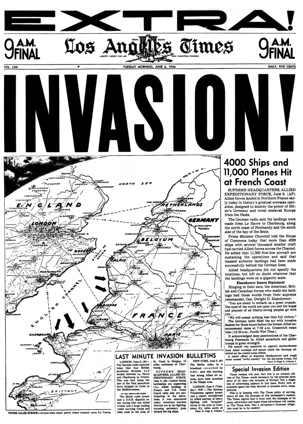 Image Source: 1940s The Los Angeles Times Newspaper June 6 1944 Headlines Invasion Allied Forces Invade France D-Day World War 2 Ca USA. (Photo by American Stock/Getty Images)