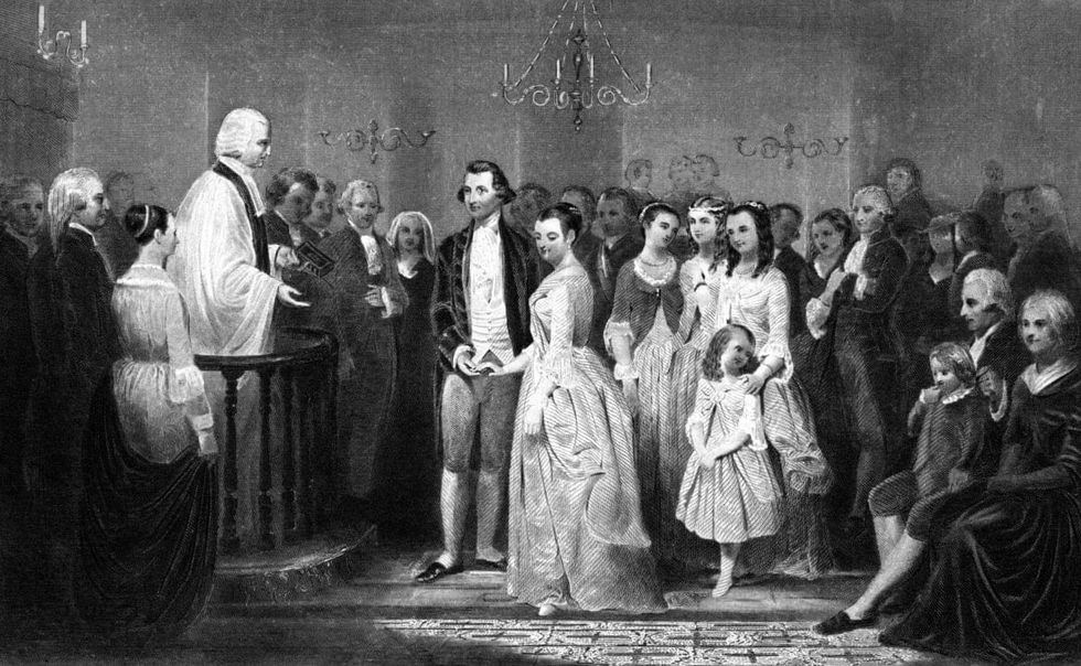 Image Source: An engraving depicting the wedding of George Washington to Martha Dandridge in 1759, a crowd watches their wedding in a church, Washington, DC, 1759. From the New York Public Library. (Photo by Smith Collection/Gado/Getty Images).