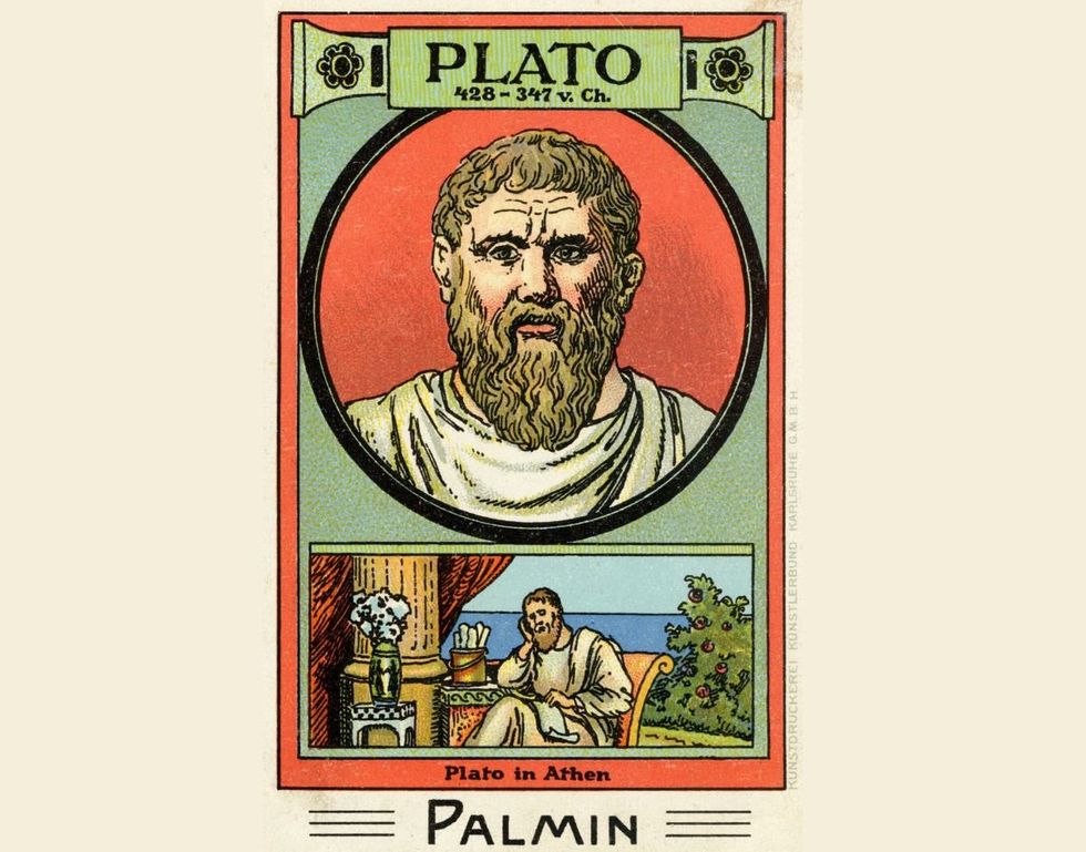 Image Source: Plato - illustrated portrait. Greek philosopher, 428 - 347 AD. Scene representing him reading scroll in Athens. Palmin collection card. (Photo by Culture Club/Getty Images)