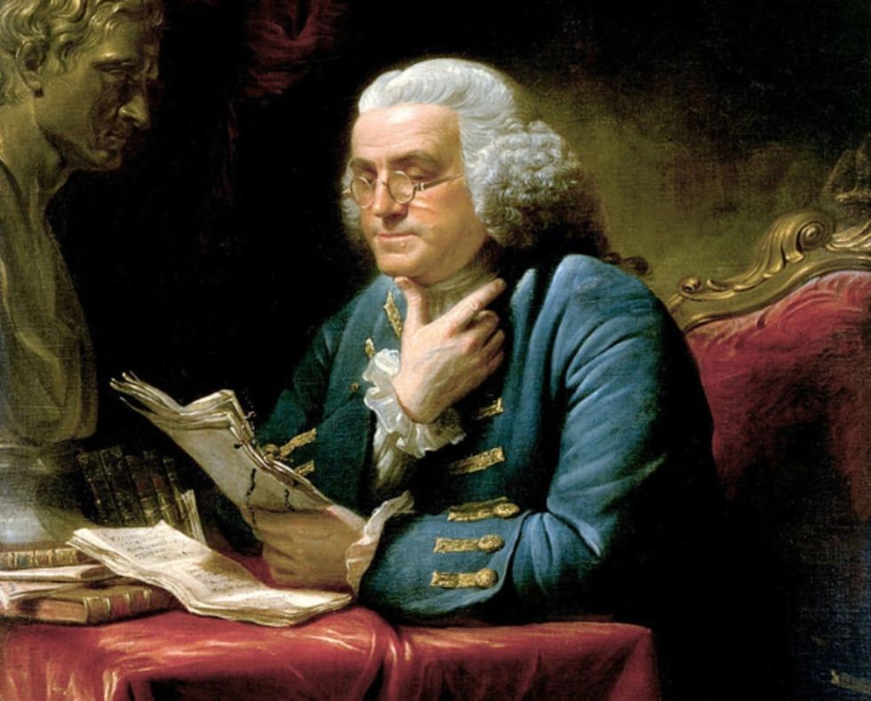 Image source: Portrait of Benjamin Franklin by David Martin (oil on canvas on panel from the White House collection, Washington DC), 1767. (Photo by GraphicaArtis/Getty Images)