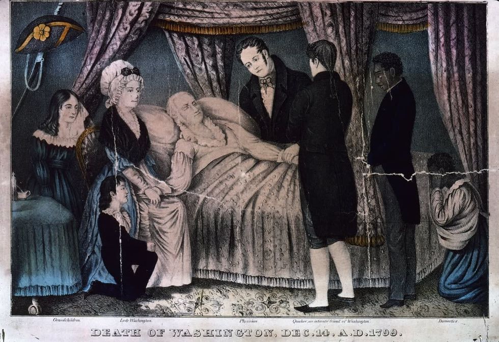 Image Source: The 1st President of the United States, George Washington (1732 - 1799) on his deathbed surrounded by family, his wife, commonly known as Lady Washington (born Martha Custis, 1731 - 1802), friend and domestics. (Photo by MPI/Getty Images)