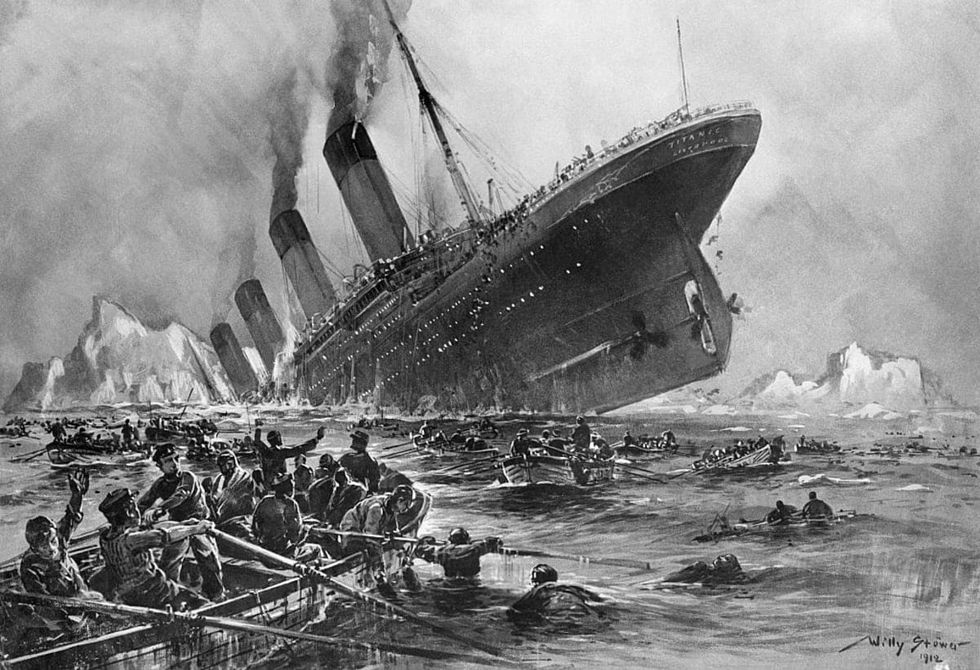 Image source: This terrible scene, painted by German artist Willy Stoewer, depicts the sinking of the Titanic, the proud British luxary liner which struck an iceberg off New Foundland, April 14, 1912, carrying 1,517 persons, many of them Americans, to their deaths. It was the supposedly non-sinkable ship's maiden voyage.