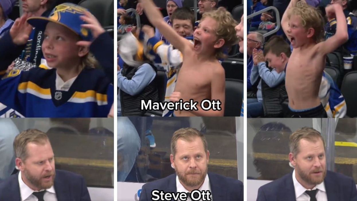 Hockey coach keeping a straight face as his son goes wild on the Jumbotron has the internet in stitches
