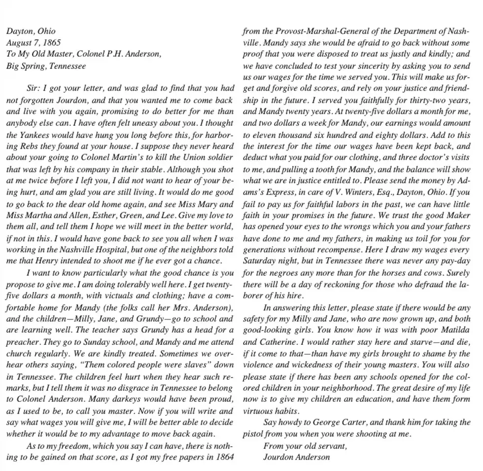 Jordan Anderson letter, freed slave letter, historical clapbacks, powerful historical documents, slavery in America, American history, reparations, slave response letter, 1865 historical letters