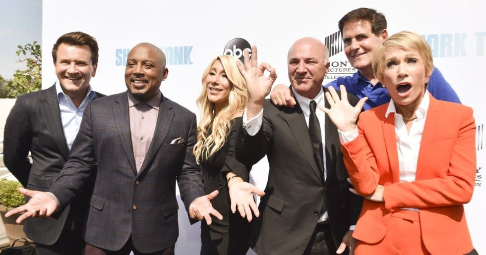 (L-R) Robert Herjavec, Daymond John, Lori Greiner, Kevin O'Leary, Mark Cuban, and Barbara Corcoran attend the premiere of ABC's