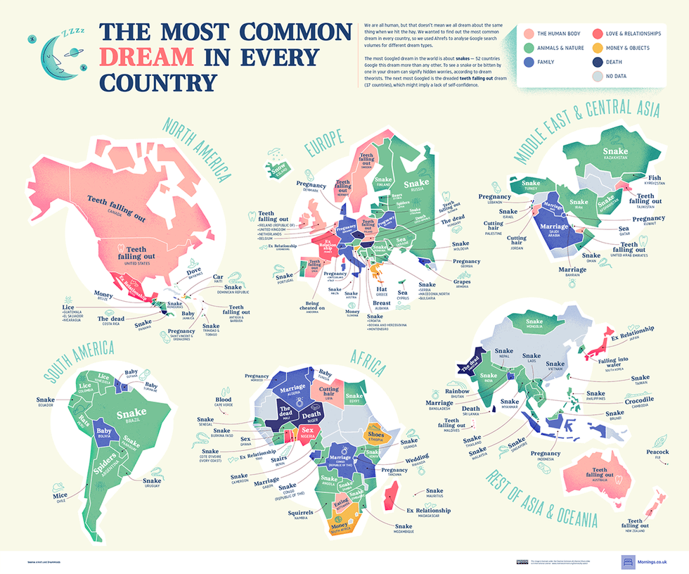 map of the world divided by the most common dreams in each location