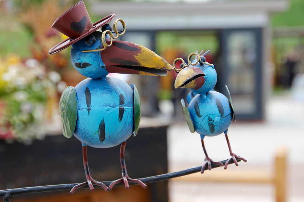 metalwork birds painted bright blue, green, red, and yellow wearing glasses and hats on a metal wire