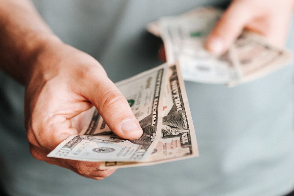 money, dollar bills, two ten-dollar bills, hands, cash, 20 dollars