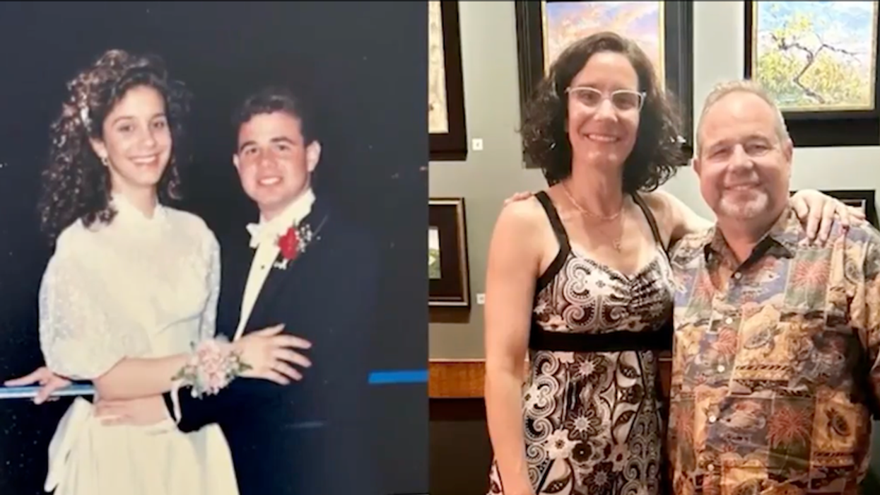Moyer and Hershey at prom and again 35 years later.