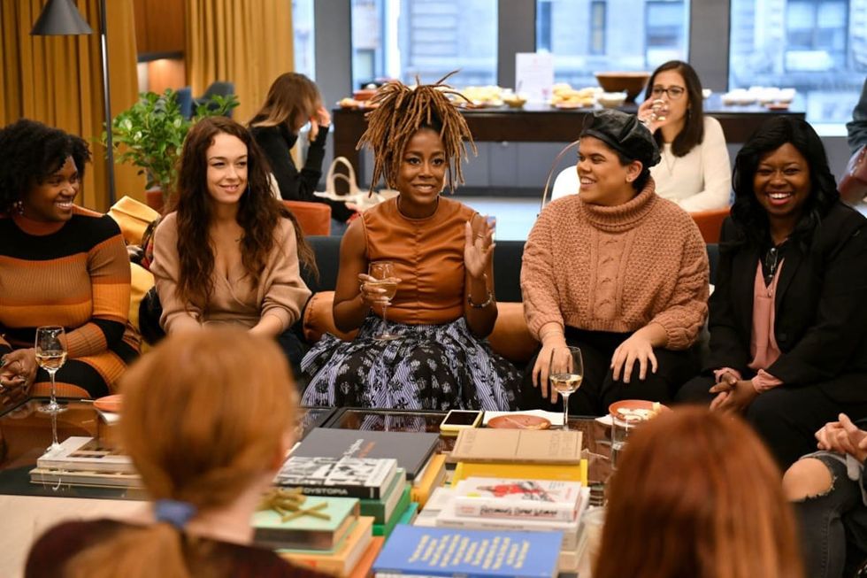 NEW YORK, NEW YORK - NOVEMBER 10: Tomi Adeyemi (C) speaks with attendees during the Tomi Adeyemi and Mattie Kahn: Book Club panel at 2019 Glamour Women of the Year Summit Experiences on November 10, 2019 in New York City. (Photo by Craig Barritt/Getty Images for Glamour)