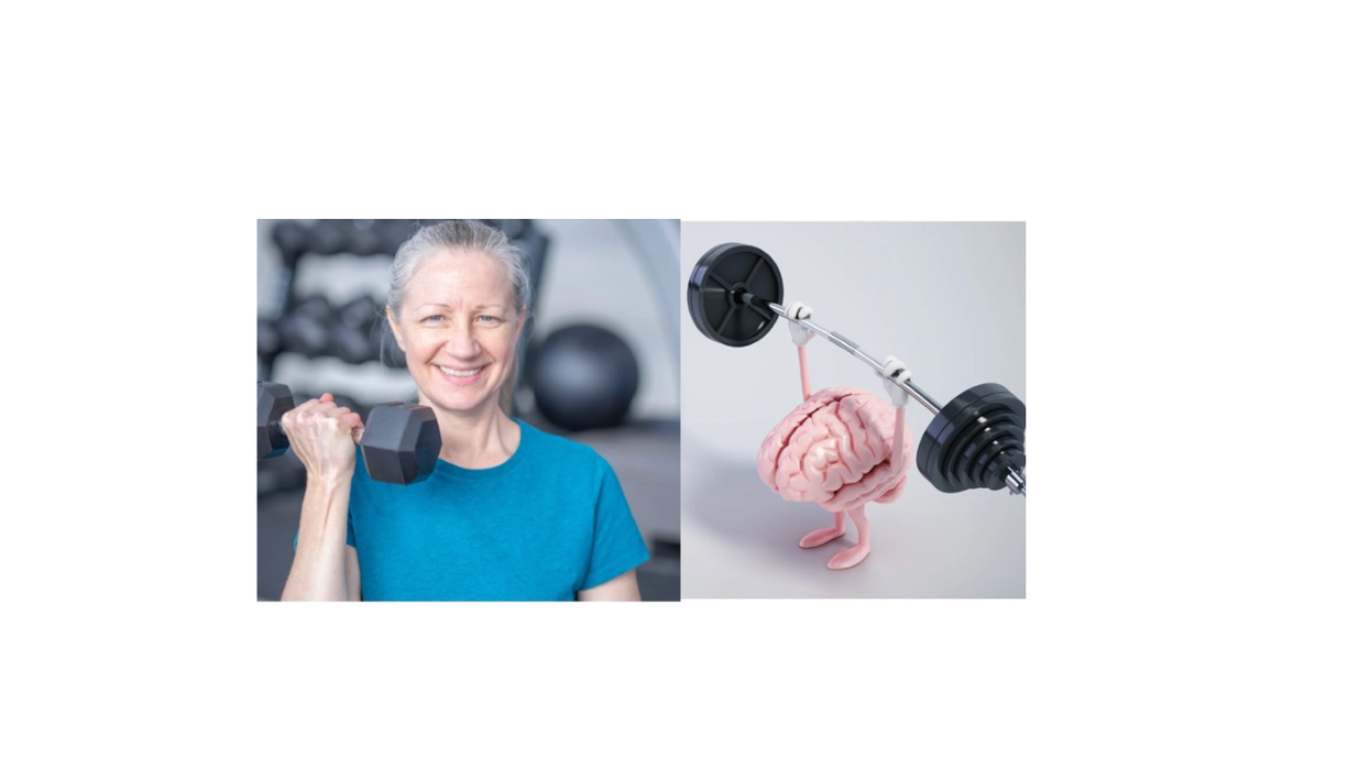 Older woman lifting weights/brain lifting weights