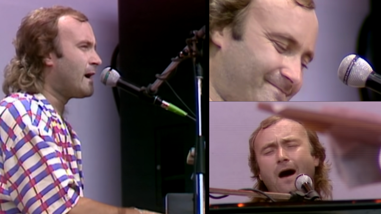 Phil Collins playing piano at Live Aid in 1985