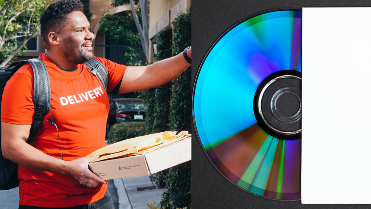 Photos of a food delivery worker and a blank CD
