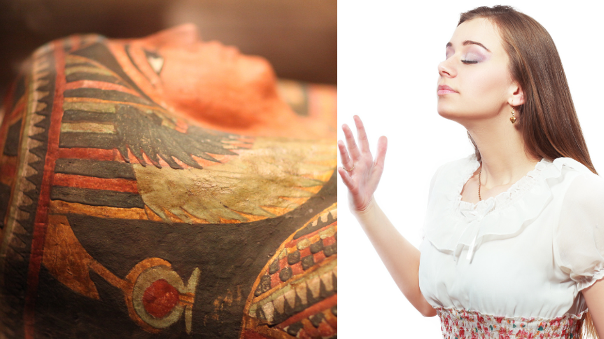 Photos of an Egyptian sarcophagus and a person inhaling deeply