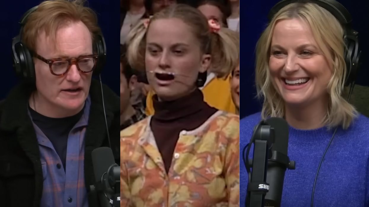 Photos of Conan O'Brien, Amy Poehler playing Stacy in a '90s 'Late Night' sketch, and Amy Poehler in 2025