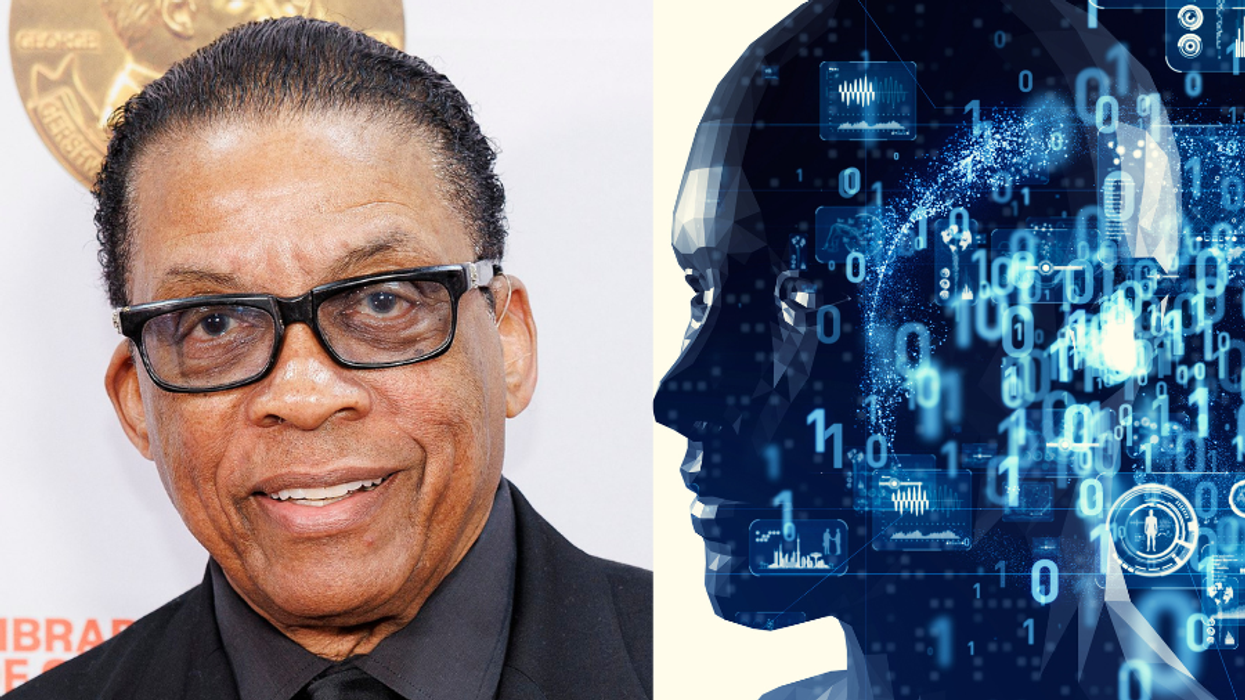 Photos of Herbie Hancock and a futuristic AI humanoid