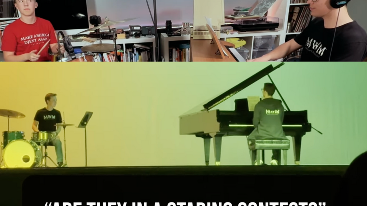 Photos of two teenage musicians playing piano and drums