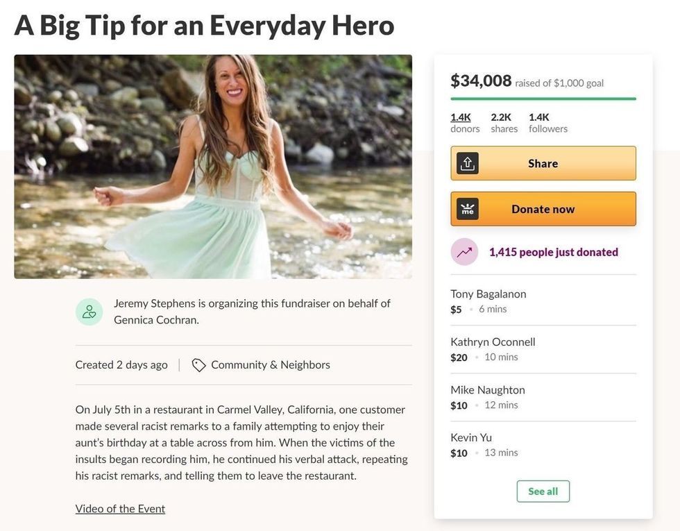 racism caught on video, waitress defends asian family, jennica cochran, michael lofthouse incident, viral restaurant video, anti-asian racism, gofundme viral, everyday hero story