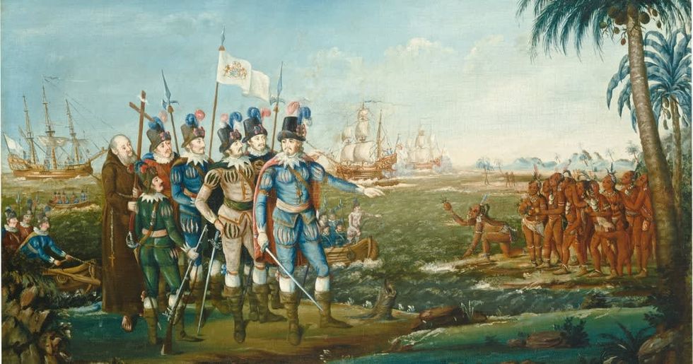 Representative Image Source : First Landing of Christopher Columbus, 1800/1805. Artist Frederick Kemmelmeyer. (Photo by Heritage Art/Heritage Images via Getty Images).