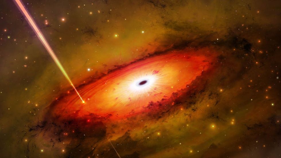 Representative Image Source: Gammay Ray Burst from NS Collision. This image depicts the event taking place on the outskirts of the black hole's accretion disc (Getty Images)