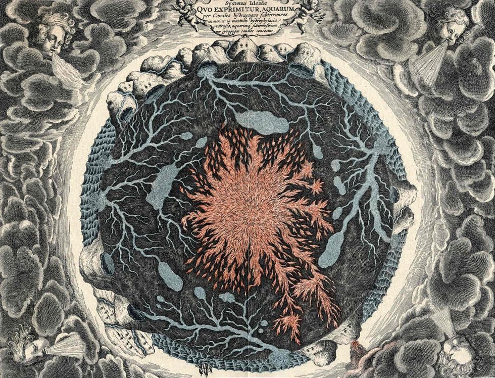 Representative Image Source: Sectional view of the Earth, showing central fire and underground canals linked to oceans, 1665. From Mundus Subterraneous by Athanasius Kircher. (Photo by Oxford Science Archive/Print Collector/Getty Images)