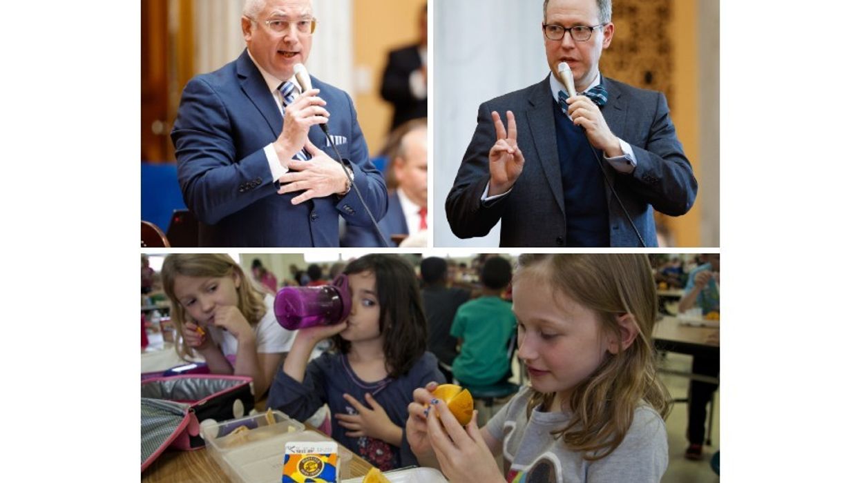 Senators with image of school kids eating lunch.